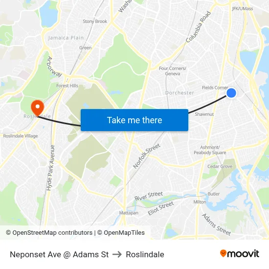 Neponset Ave @ Adams St to Roslindale map
