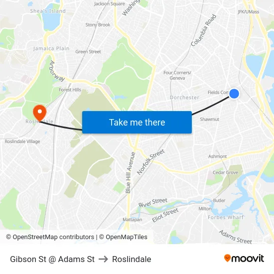 Gibson St @ Adams St to Roslindale map