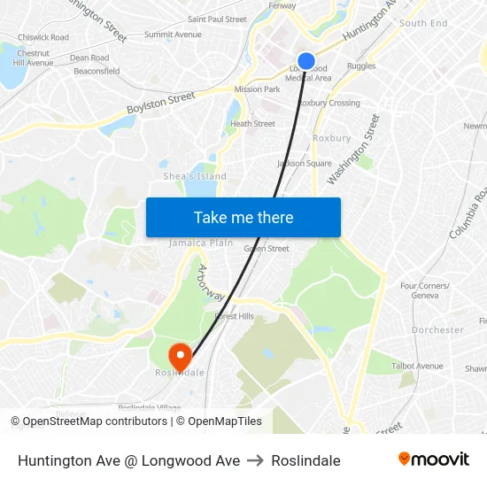 Huntington Ave @ Longwood Ave to Roslindale map