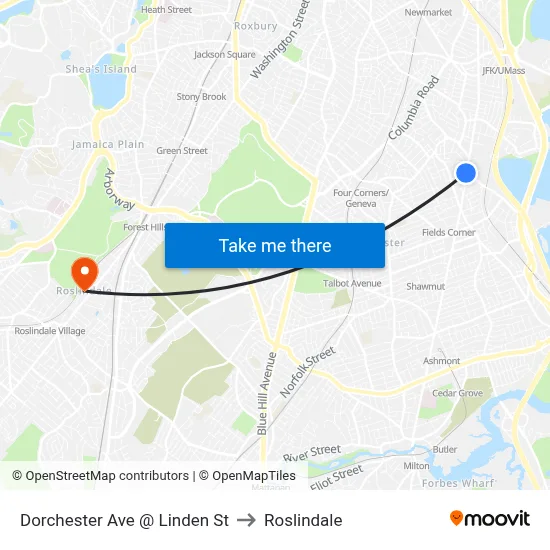 Dorchester Ave @ Linden St to Roslindale map