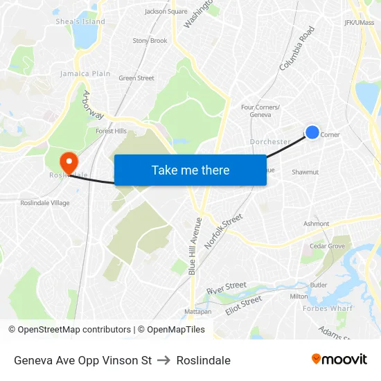 Geneva Ave Opp Vinson St to Roslindale map