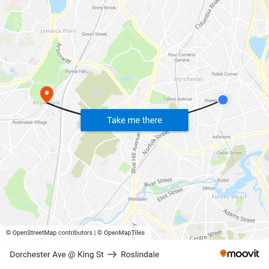 Dorchester Ave @ King St to Roslindale map