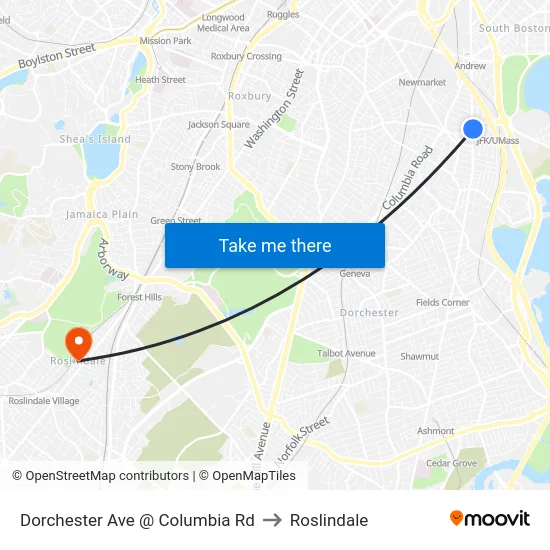Dorchester Ave @ Columbia Rd to Roslindale map