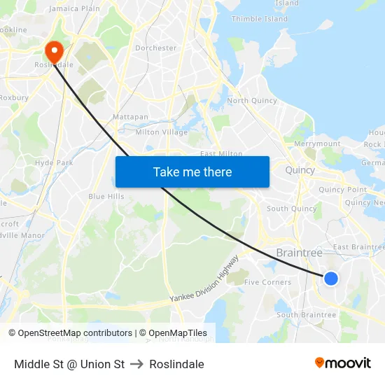 Middle St @ Union St to Roslindale map