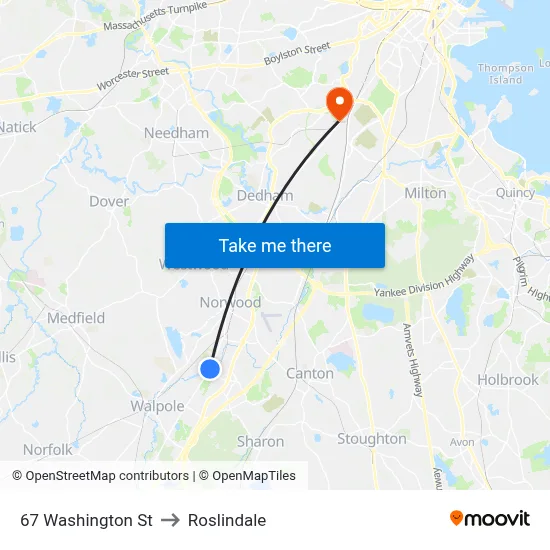 67 Washington St to Roslindale map