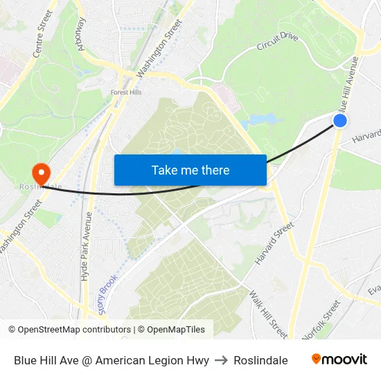 Blue Hill Ave @ American Legion Hwy to Roslindale map