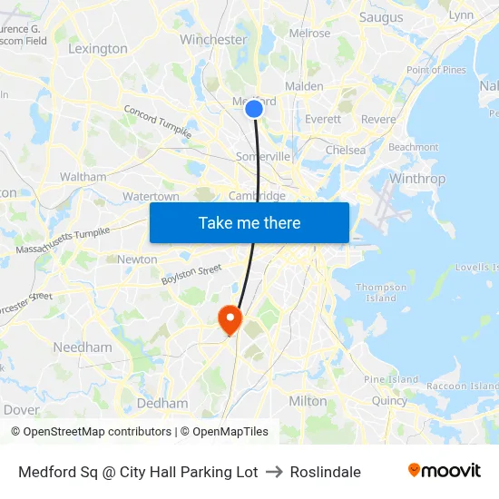 Medford Sq @ City Hall Parking Lot to Roslindale map