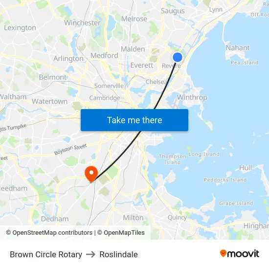 Brown Circle Rotary to Roslindale map