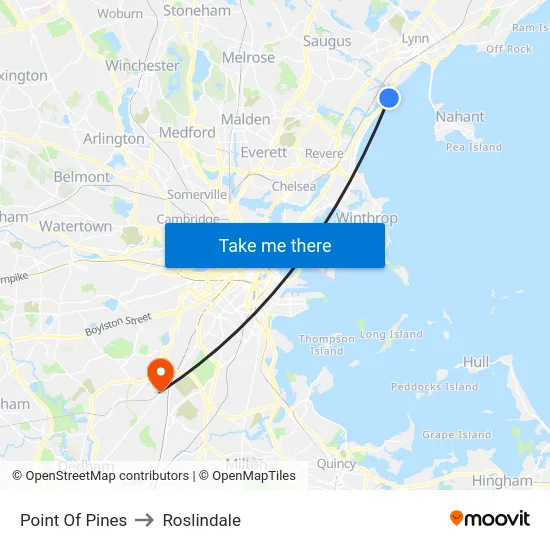 Point Of Pines to Roslindale map