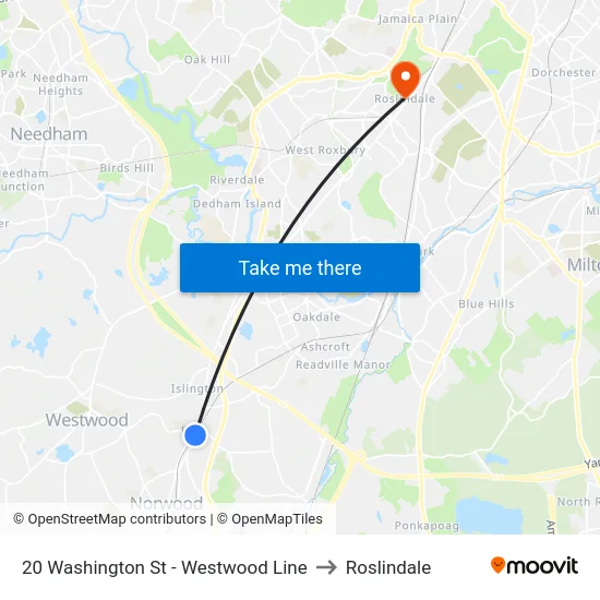 20 Washington St - Westwood Line to Roslindale map