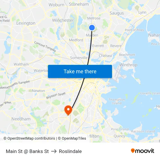 Main St @ Banks St to Roslindale map