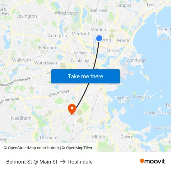 Belmont St @ Main St to Roslindale map