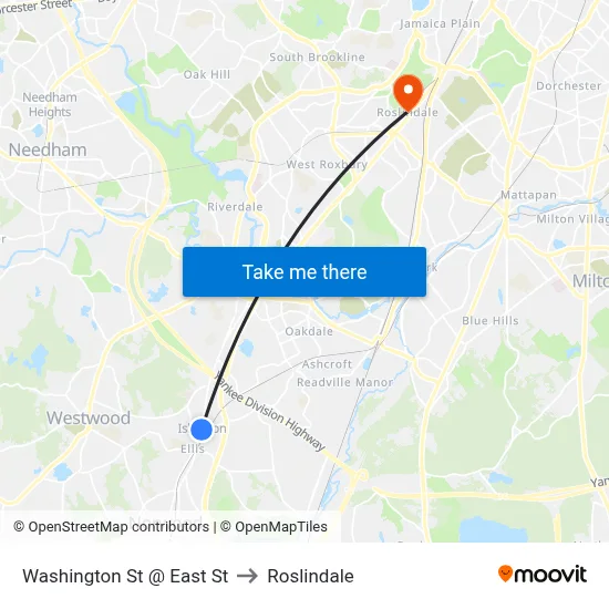 Washington St @ East St to Roslindale map