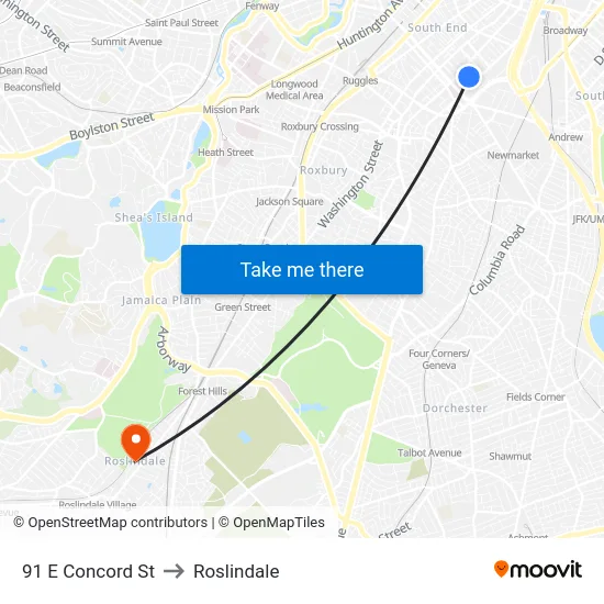 91 E Concord St to Roslindale map