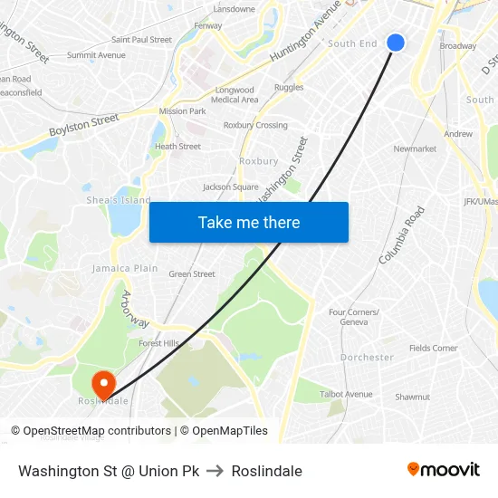 Washington St @ Union Pk to Roslindale map