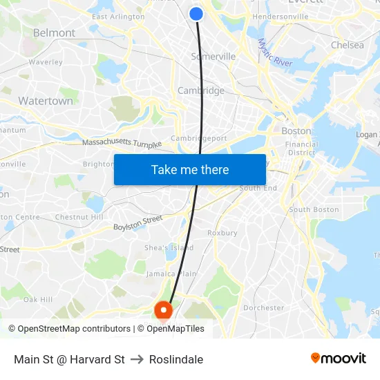 Main St @ Harvard St to Roslindale map