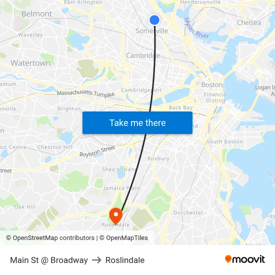 Main St @ Broadway to Roslindale map