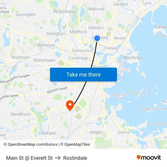 Main St @ Everett St to Roslindale map