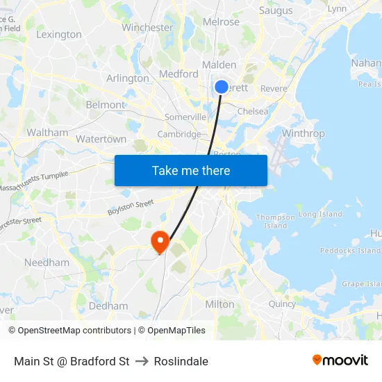 Main St @ Bradford St to Roslindale map