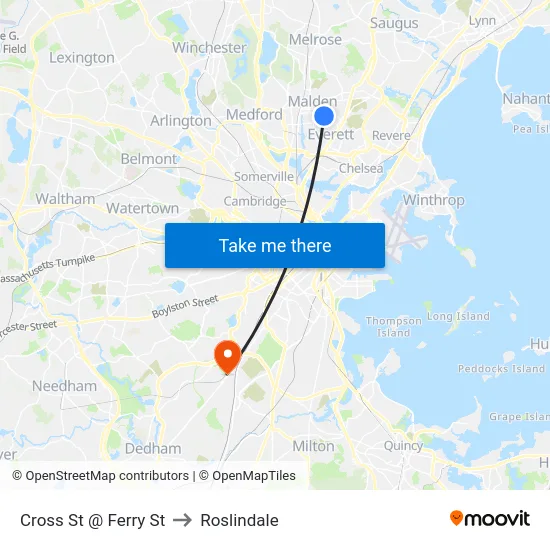 Cross St @ Ferry St to Roslindale map