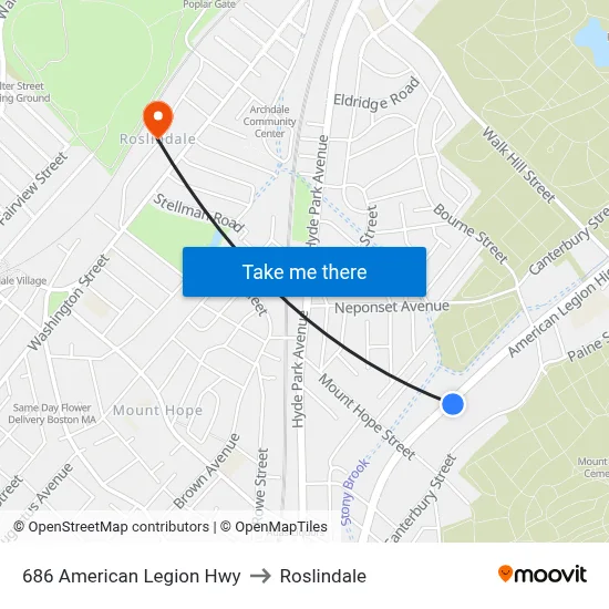 686 American Legion Hwy to Roslindale map