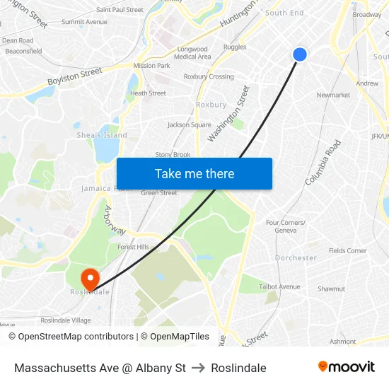 Massachusetts Ave @ Albany St to Roslindale map