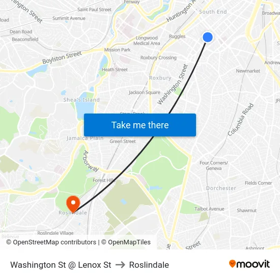 Washington St @ Lenox St to Roslindale map