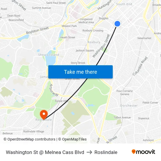 Washington St @ Melnea Cass Blvd to Roslindale map