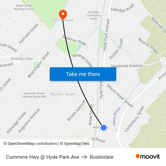 Cummins Hwy @ Hyde Park Ave to Roslindale map