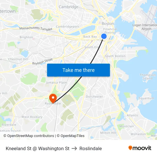 Kneeland St @ Washington St to Roslindale map