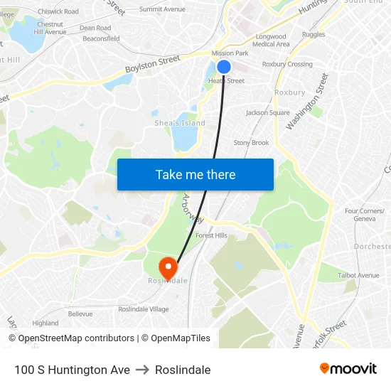 100 S Huntington Ave to Roslindale map