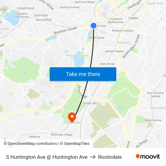 S Huntington Ave @ Huntington Ave to Roslindale map