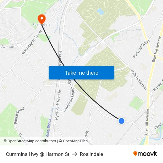 Cummins Hwy @ Harmon St to Roslindale map