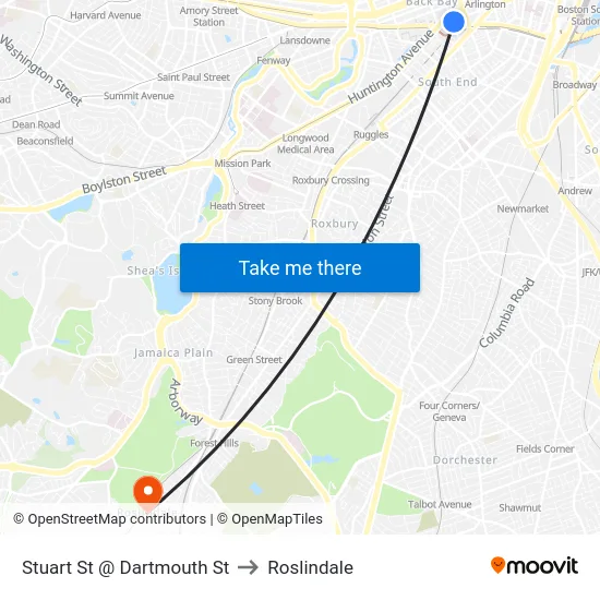 Stuart St @ Dartmouth St to Roslindale map