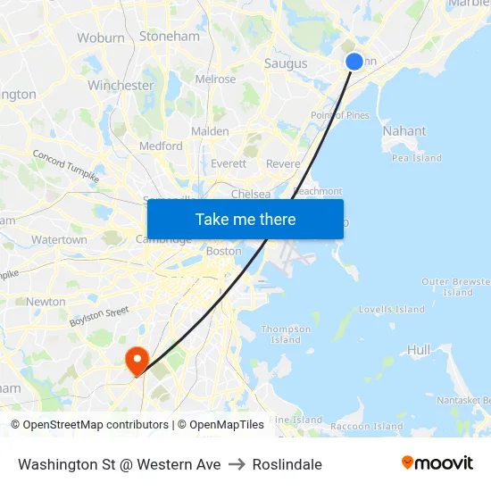 Washington St @ Western Ave to Roslindale map
