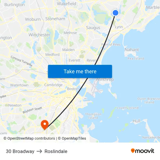 30 Broadway to Roslindale map