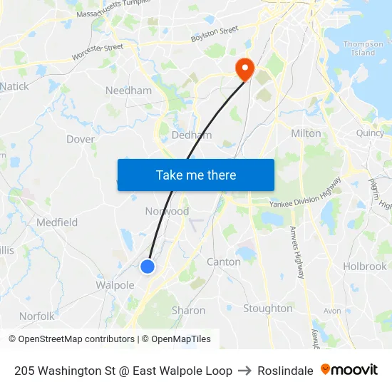 205 Washington St @ East Walpole Loop to Roslindale map