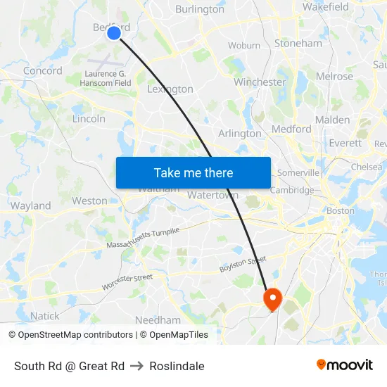 South Rd @ Great Rd to Roslindale map