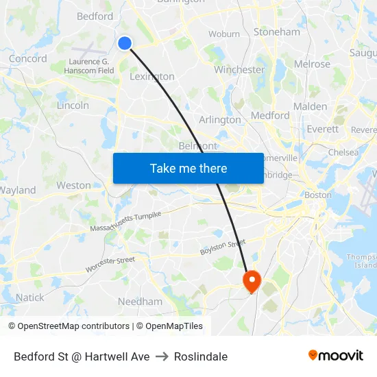 Bedford St @ Hartwell Ave to Roslindale map