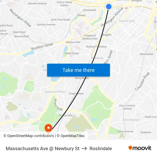 Massachusetts Ave @ Newbury St to Roslindale map