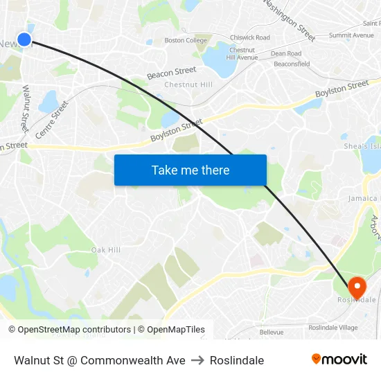 Walnut St @ Commonwealth Ave to Roslindale map