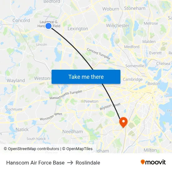Hanscom Air Force Base to Roslindale map