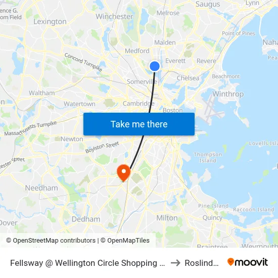 Fellsway @ Wellington Circle Shopping Ctr to Roslindale map