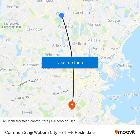 Common St @ Woburn City Hall to Roslindale map