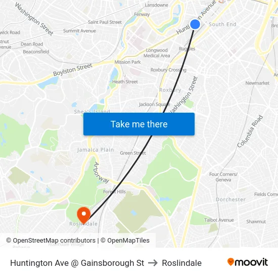 Huntington Ave @ Gainsborough St to Roslindale map