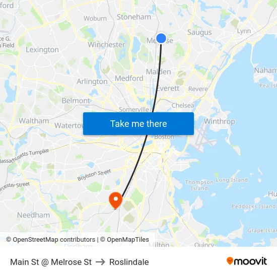 Main St @ Melrose St to Roslindale map