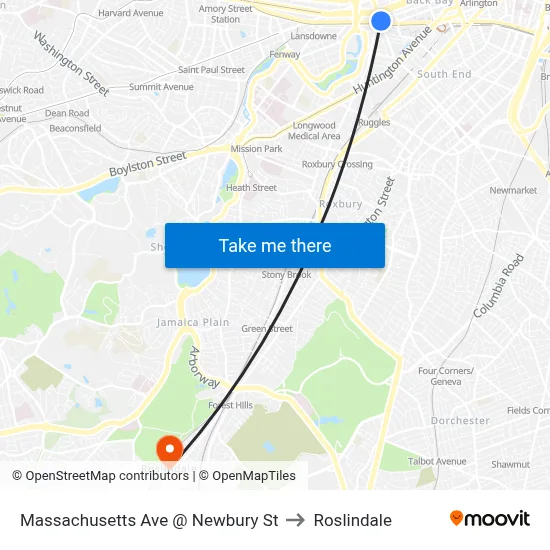 Massachusetts Ave @ Newbury St to Roslindale map
