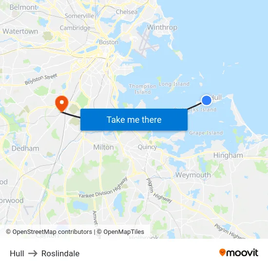 Hull to Roslindale map
