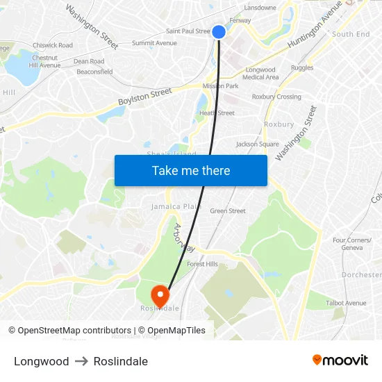 Longwood to Roslindale map
