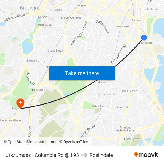 Jfk/Umass - Columbia Rd @ I-93 to Roslindale map
